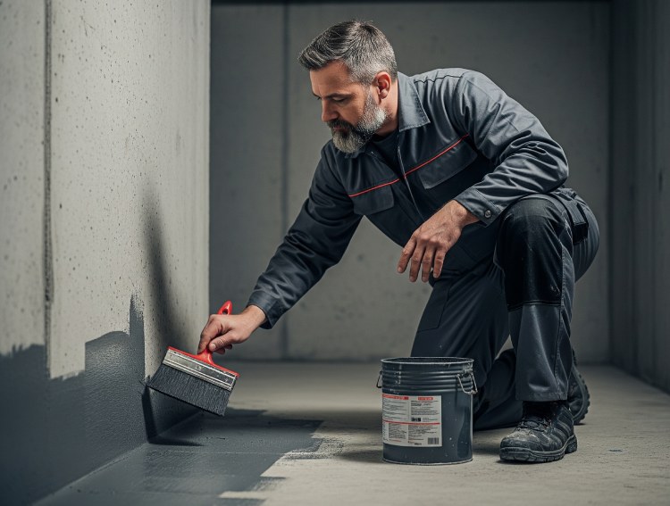 Man applying gray waterproofing paint to a concrete basement wall